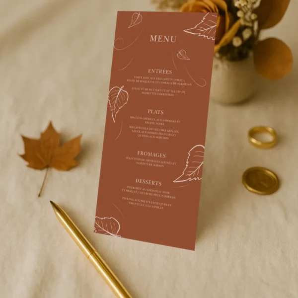 Menu vertical terracotta aux feuilles d’automne, format DL élégant, sobre et parfaitement de saison.