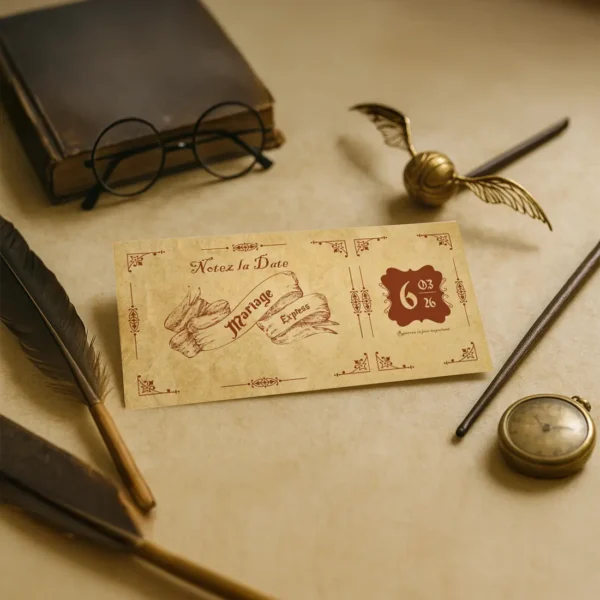 Carte “Notez la Date” au style parchemin magique. Format DL avec illustrations vintage
