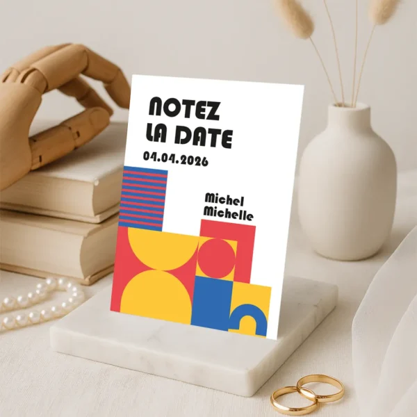 Carte “Notez la date” aux couleurs et formes Bauhaus. Un design moderne et graphique pour annoncer un mariage arty, pop ou urbain avec style.