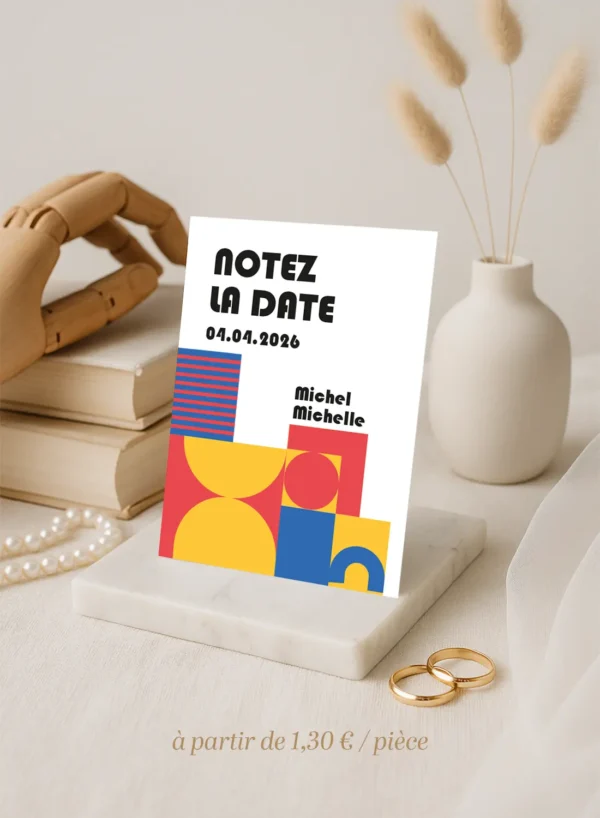 Carte “Notez la date” aux couleurs et formes Bauhaus. Un design moderne et graphique pour annoncer un mariage arty, pop ou urbain avec style.