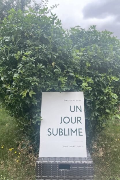Panneau de Bienvenue mariage en dibon impression en vert sur très joli fond blanc