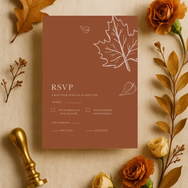 Carte RSVP A6 verticale au design automnal terracotta. Feuilles dessinées et réponse intuitive pour une papeterie