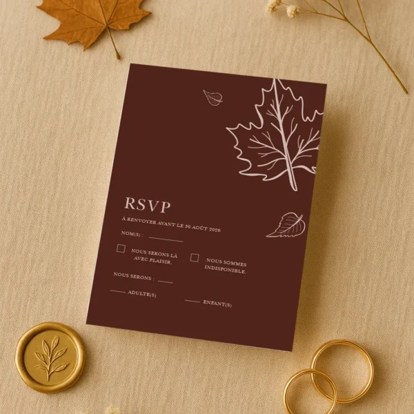 Carte RSVP Châtaigne illustrée de feuilles d’automne. Une invitation au retour simple, élégante et parfaitement assortie.