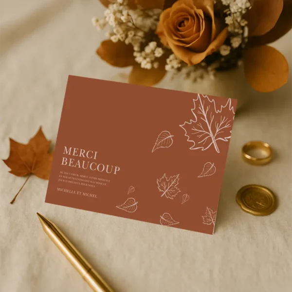 Carte A6 paysage terracotta aux feuilles d'automne illustrées, chaleur et élégance garanties.