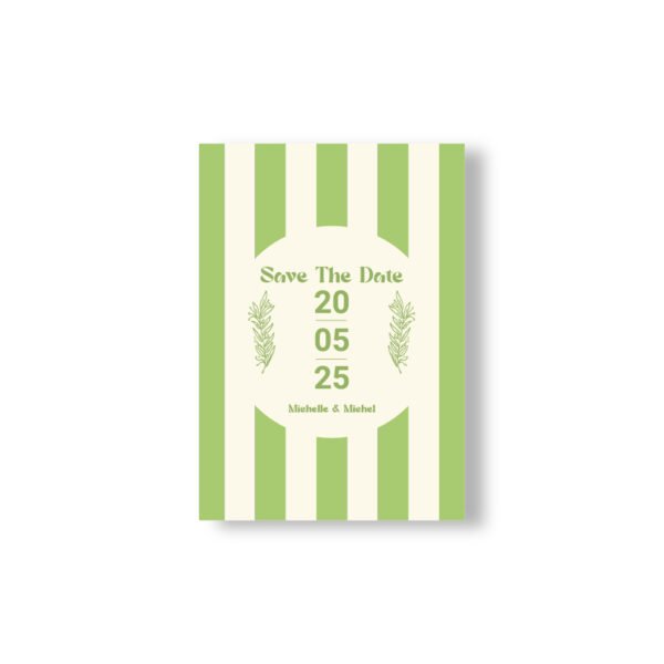 Une carte à rayure verte et crème très printanière pour annoncer votre mariage