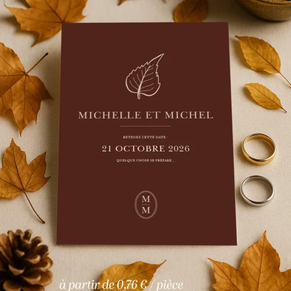 Carte Save the Date Châtaigne avec feuilles d’automne. Un design brun profond et élégant pour une annonce mémorable.