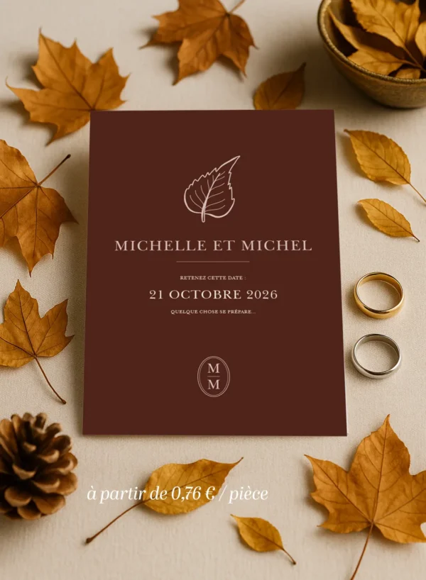 Carte Save the Date Châtaigne avec feuilles d’automne. Un design brun profond et élégant pour une annonce mémorable.