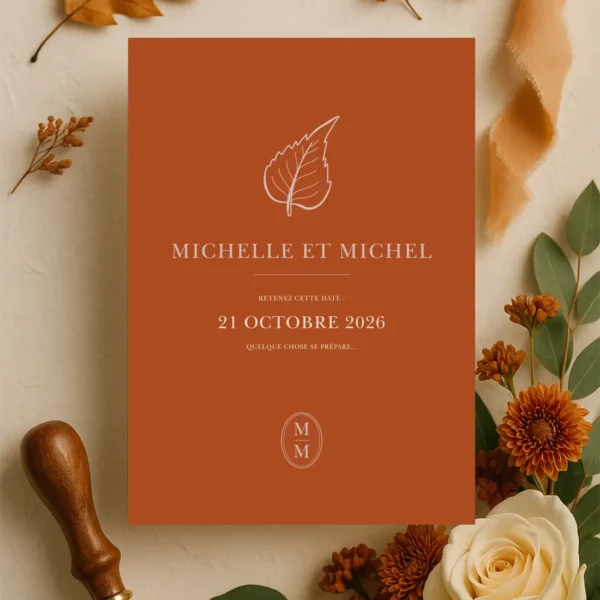 Carte Retenez cette Date terracotta avec feuille illustrée. Une création simple et marquante pour annoncer votre union avec douceur.