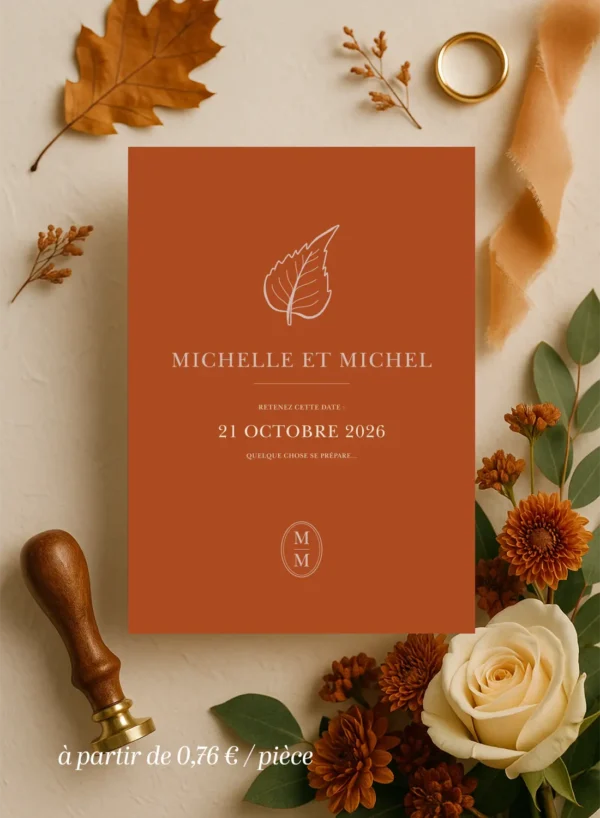 Carte Retenez cette Date terracotta avec feuille illustrée. Une création simple et marquante pour annoncer votre union avec douceur.