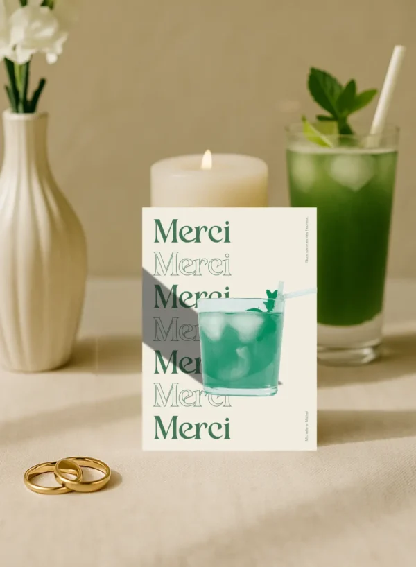 Carte de remerciement avec texte "Merci" stylisé et visuel cocktail vert, Collection Cocktail.
