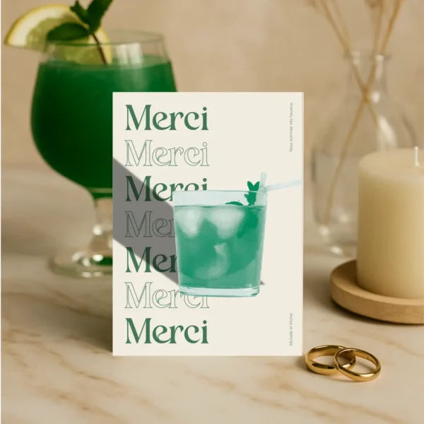 Carte de remerciement avec texte "Merci" stylisé et visuel cocktail vert, Collection Cocktail.