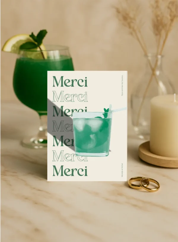 Carte de remerciement avec texte "Merci" stylisé et visuel cocktail vert, Collection Cocktail.