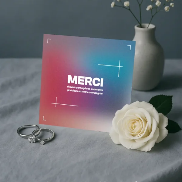 Carte de remerciement mariage carrée, fond flouté rose et bleu, typographie blanche merci, design moderne et graphique