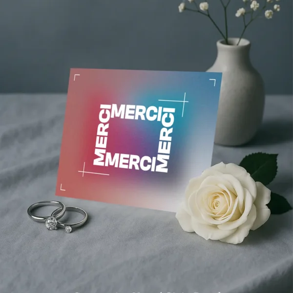 Carte de remerciement mariage, fond flouté bleu et rose, typographie blanche MERCI répétée, composition graphique forte et moderne