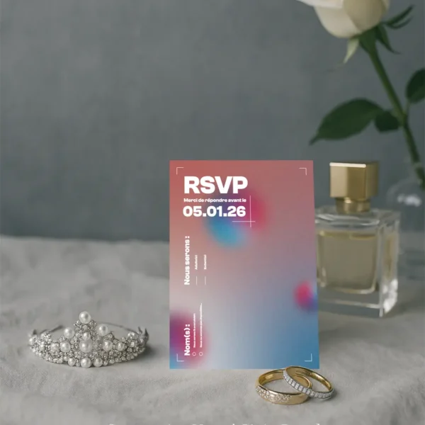 Carte RSVP mariage fond flouté rose bleu, date limite bien lisible, champs à compléter, design clair et graphique