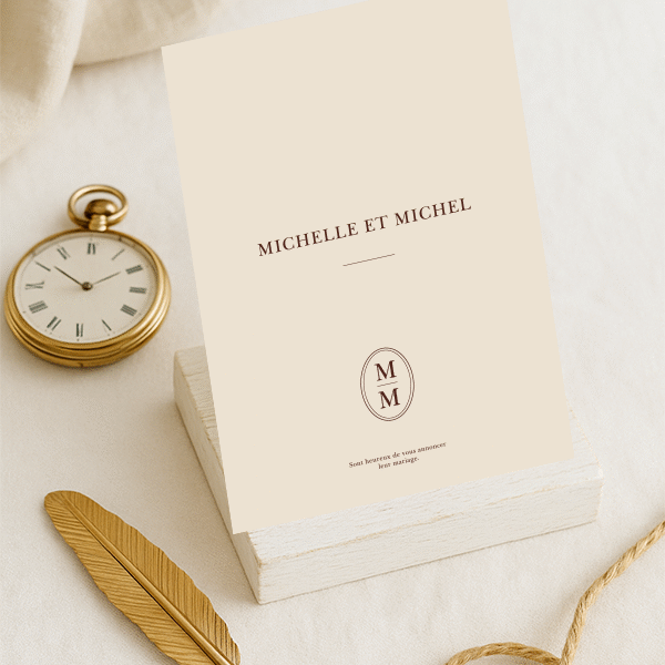 Verso du faire-part crème avec prénoms centrés et monogramme M M en bas de page.