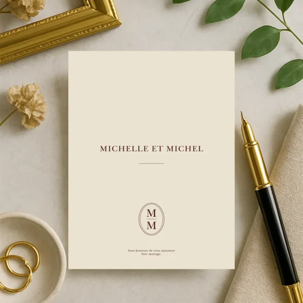Recto du faire-part crème avec prénoms centrés et monogramme M M en bas de page.