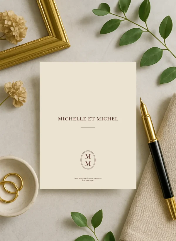 Recto du faire-part crème avec prénoms centrés et monogramme M M en bas de page.