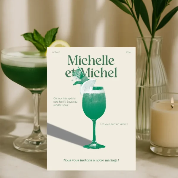 Faire-part mariage avec illustrations de cocktails et texte cérémonie vin d’honneur dîner en vert, ambiance chic et festive