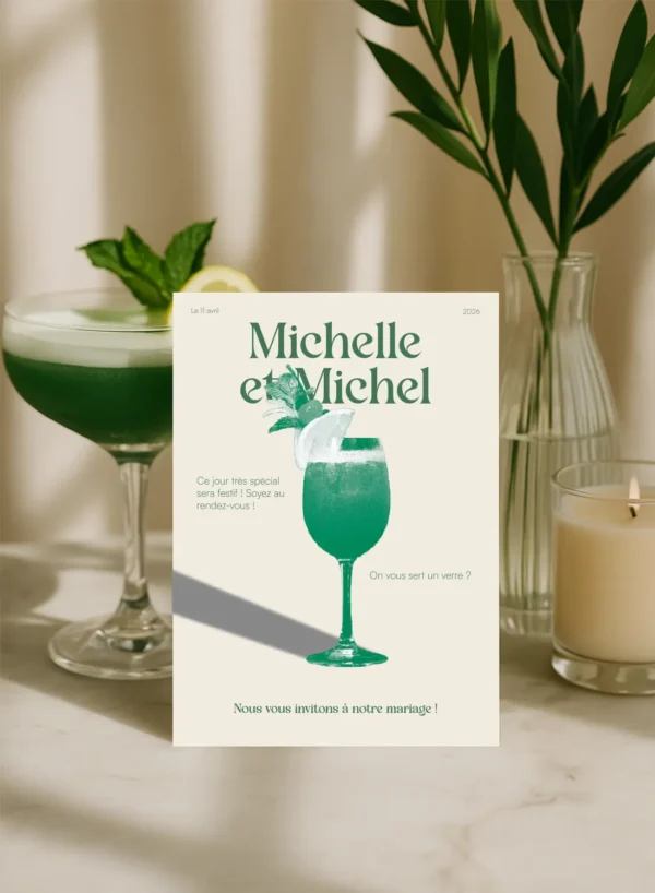 Faire-part mariage avec illustrations de cocktails et texte cérémonie vin d’honneur dîner en vert, ambiance chic et festive