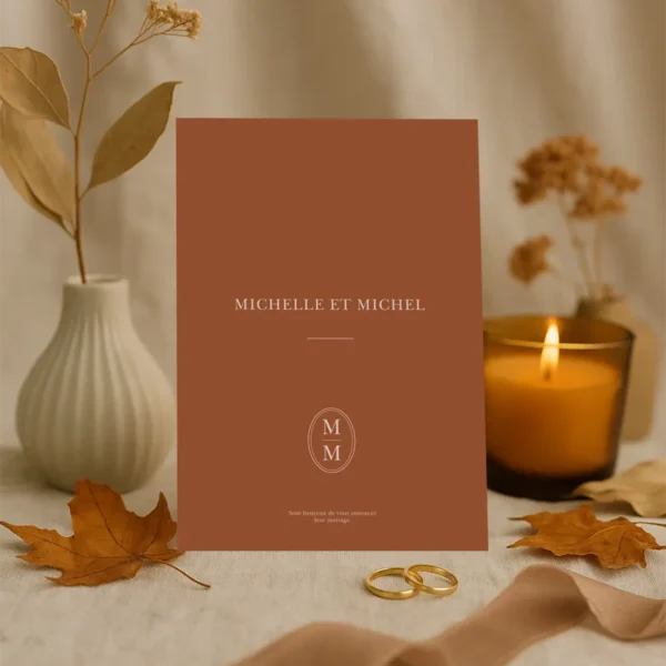 Faire-part mariage chocolat lait avec prénoms centrés, monogramme et texte crème façon chocolat blanc. Élégance et sobriété.