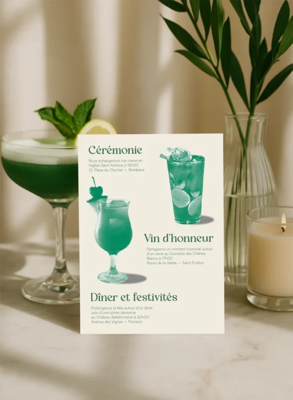 Arrière du Faire-part mariage avec illustrations de cocktails et texte cérémonie vin d’honneur dîner en vert, ambiance chic et festive