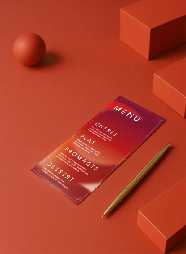 Menu de mariage vertical rouge saturne, texte blanc futuriste. Entrée à dessert dans un décor graphique galactique.