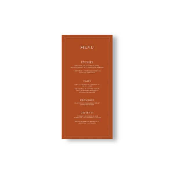 Menu de mariage fond caramel chaleureux, typographie crème élégante, style gourmand et automnal.
