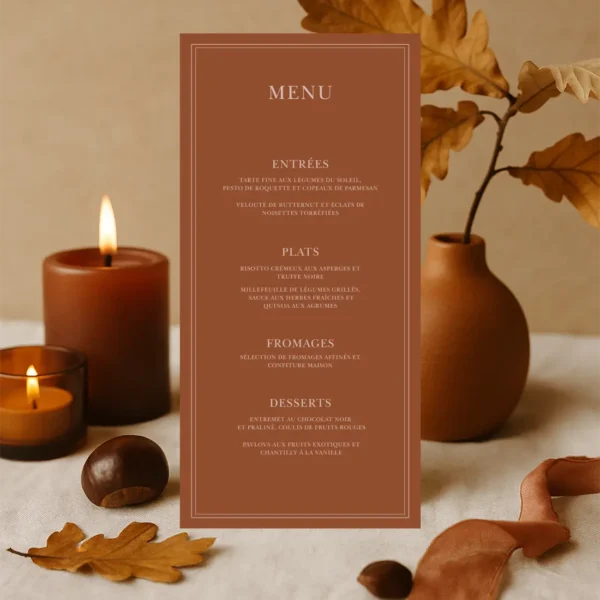 Menu de mariage vertical fond chocolat lait, texte crème, double cadre fin. Élégant et graphique, idéal pour une table chic.