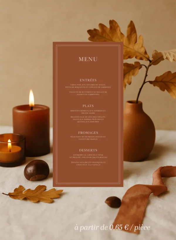 Menu de mariage vertical fond chocolat lait, texte crème, double cadre fin. Élégant et graphique, idéal pour une table chic.