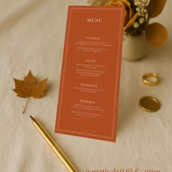 Menu de mariage fond caramel chaleureux, typographie crème élégante, style gourmand et automnal.