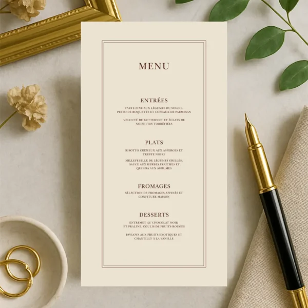Menu de mariage crème vertical avec encadrement chocolat et texte centré, typographie élégante et artisanale.