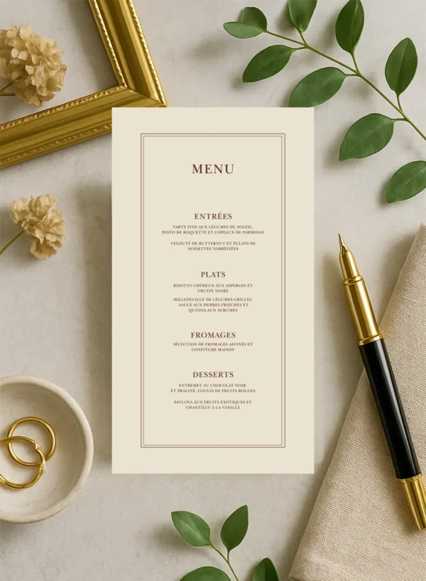 Menu de mariage crème vertical avec encadrement chocolat et texte centré, typographie élégante et artisanale.