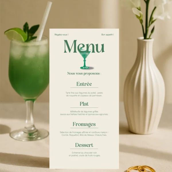 Menu mariage vertical avec visuel cocktail vert, typographie élégante et textes plats détaillés, Collection Cocktail.