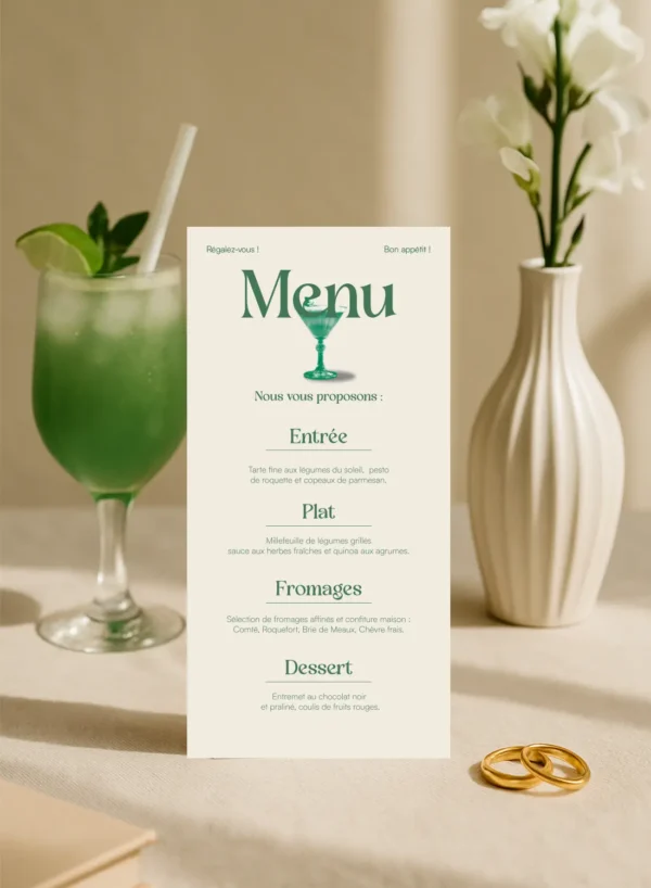Menu mariage vertical avec visuel cocktail vert, typographie élégante et textes plats détaillés, Collection Cocktail.