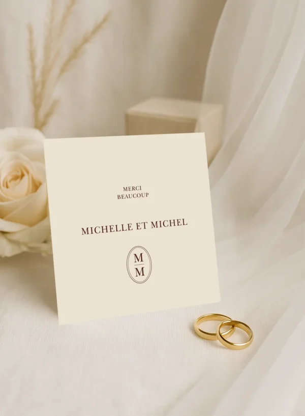 Carte de remerciement carrée crème avec message “Merci beaucoup”, prénoms centrés et monogramme en bas.