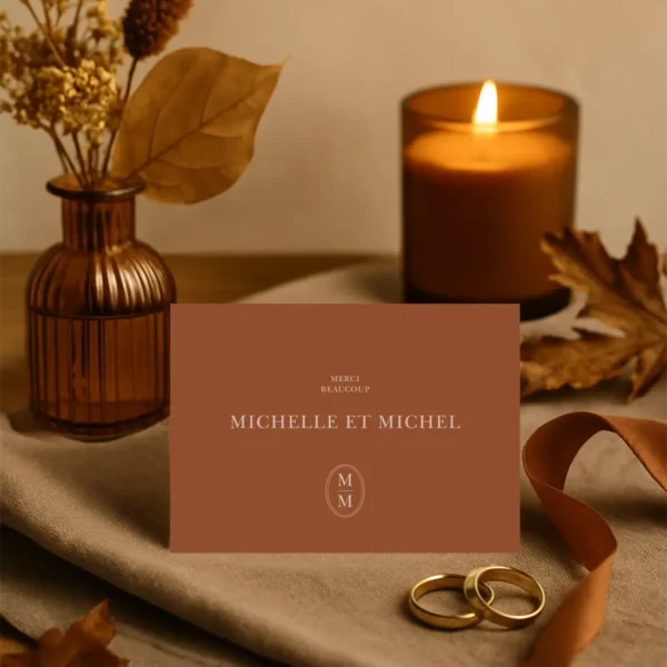 Carte de remerciement mariage chocolat lait, texte crème, prénoms centrés et monogramme discret. Élégance sobre et chaleureuse.
