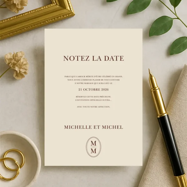 Carte Notez la Date crème avec typographie chocolat et monogramme centré, ambiance douce et artisanale.