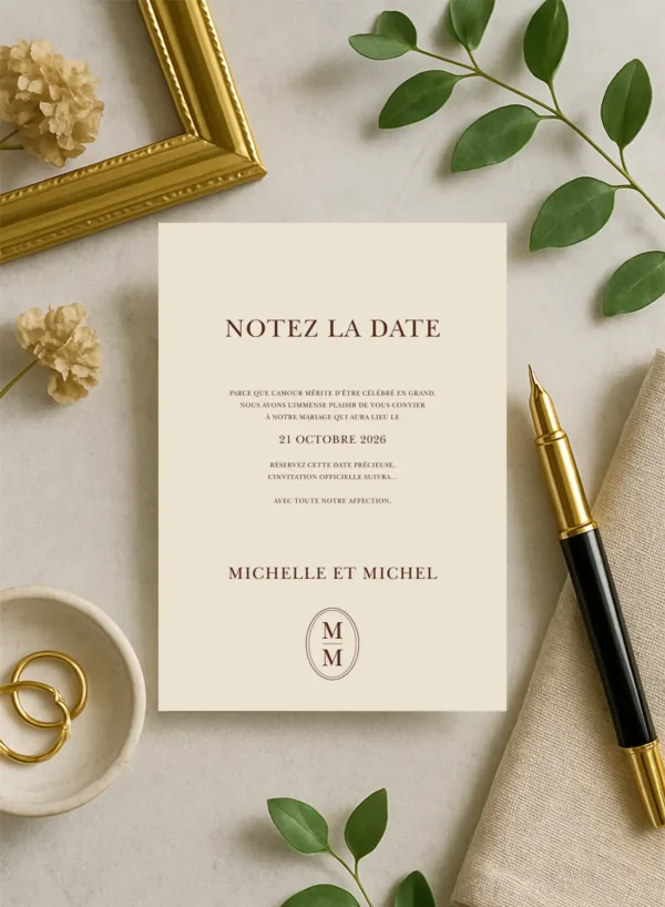 Carte Notez la Date crème avec typographie chocolat et monogramme centré, ambiance douce et artisanale.