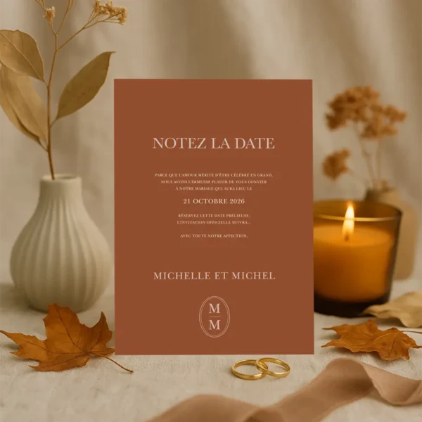 Carte Notez la Date mariage chocolat lait avec texte crème, prénoms, date et monogramme. Élégante, douce et cohérente.