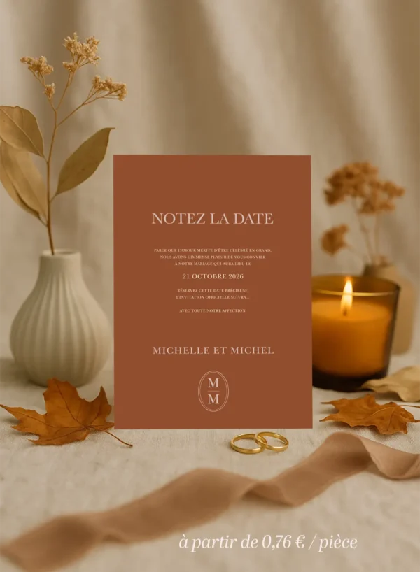 Carte Notez la Date mariage chocolat lait avec texte crème, prénoms, date et monogramme. Élégante, douce et cohérente.