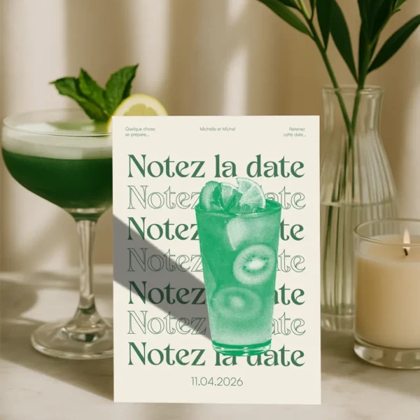 Carte Notez la Date mariage avec grand cocktail vert kiwi, répétition typographique et prénoms des mariés sur fond crème