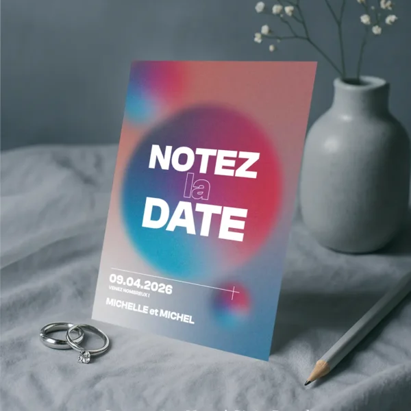 Carte Notez la Date mariage, fond flou bleu rose violet, typographie blanche et violette, design moderne et date bien lisible