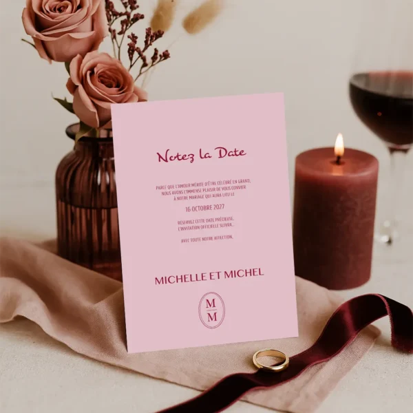 Carte Notez la Date rose poudré avec prénoms et date en rouge bordeaux centrés. Design minimaliste et romantique