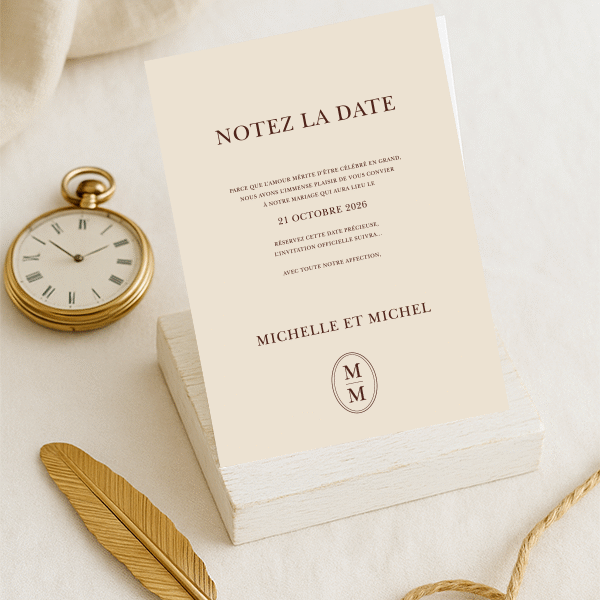 Carte Notez la Date crème avec typographie chocolat et monogramme centré, ambiance douce et artisanale.