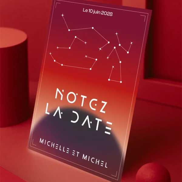 Carte “Notez la Date” rouge saturne avec prénoms et date centrés en blanc. Design galactique intense.