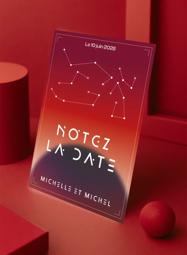 Carte “Notez la Date” rouge saturne avec prénoms et date centrés en blanc. Design galactique intense.