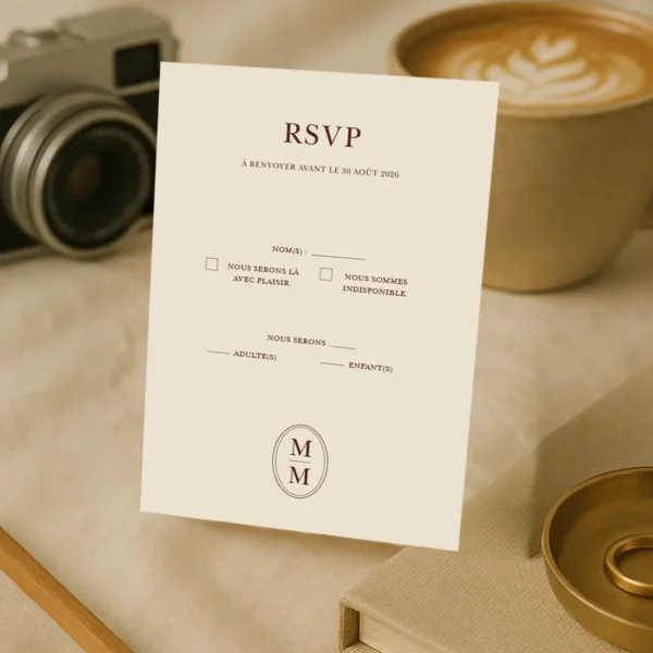 Carte RSVP crème verticale avec cases à cocher, typographie chocolat foncé et monogramme M M en bas.