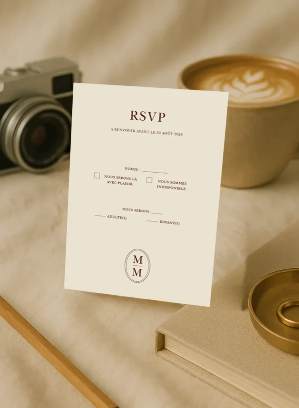 Carte RSVP crème verticale avec cases à cocher, typographie chocolat foncé et monogramme M M en bas.
