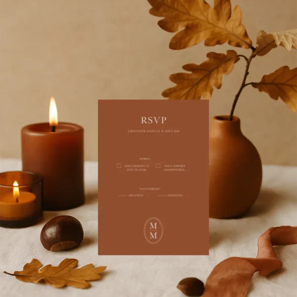 Carte RSVP mariage fond chocolat lait, texte crème avec cases à cocher. Monogramme en bas. Design clair et graphique.
